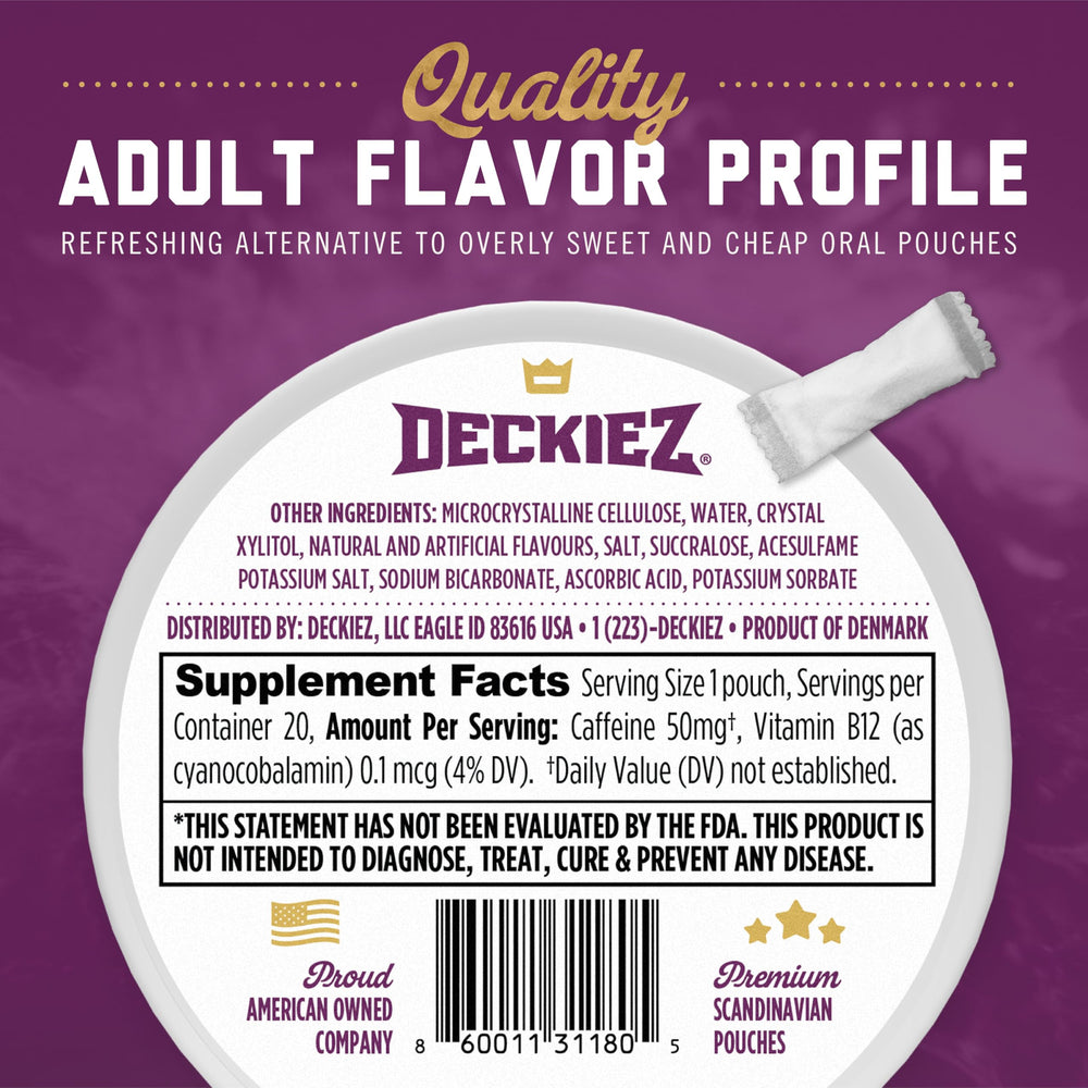 Deckiez Energy Pouches Mint flavor pouch, clean non-tobacco caffeine option.
