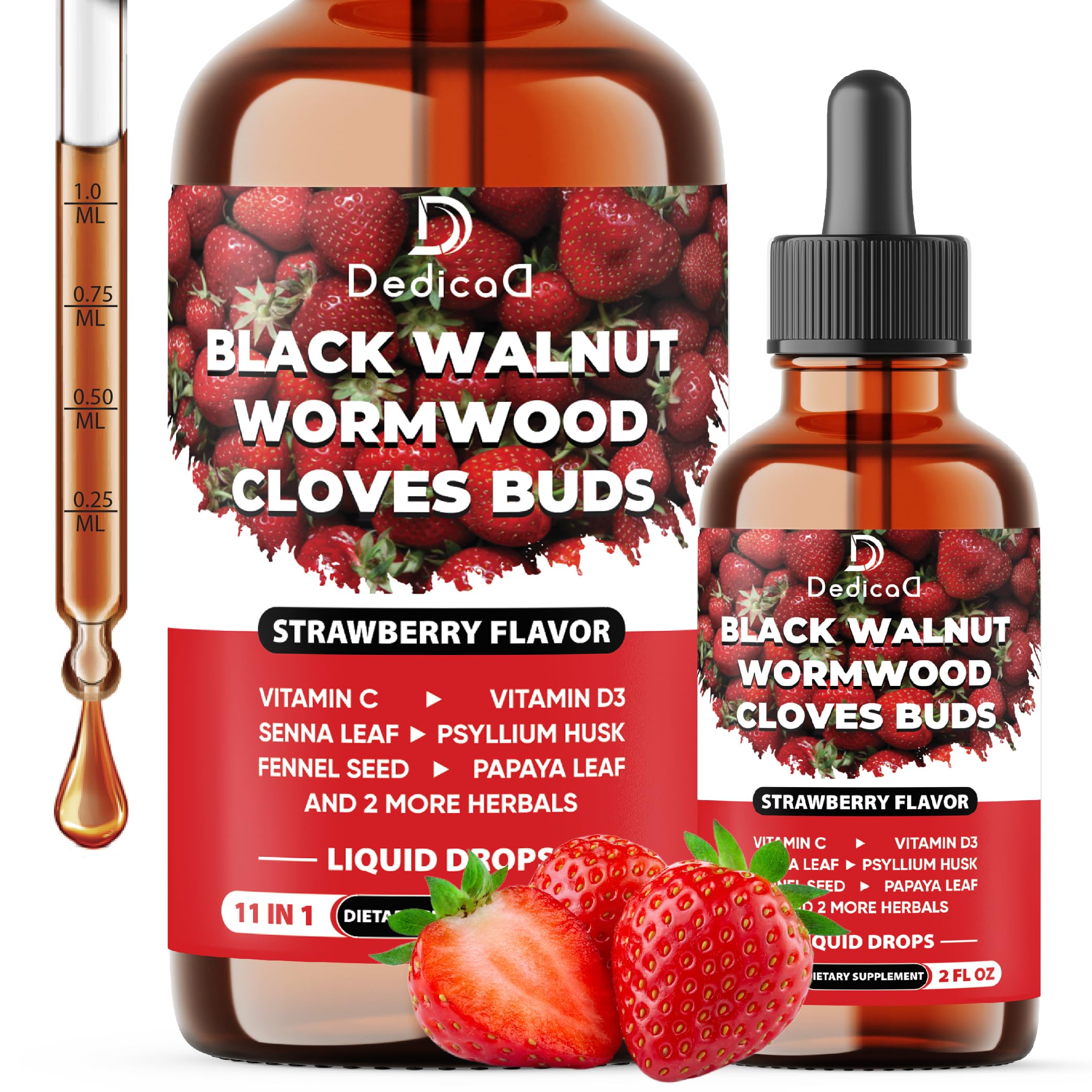 DEDICAD 11in1 Black Walnut Wormwood Cloves Liquid Drops bottle with strawberry flavor (2 oz)