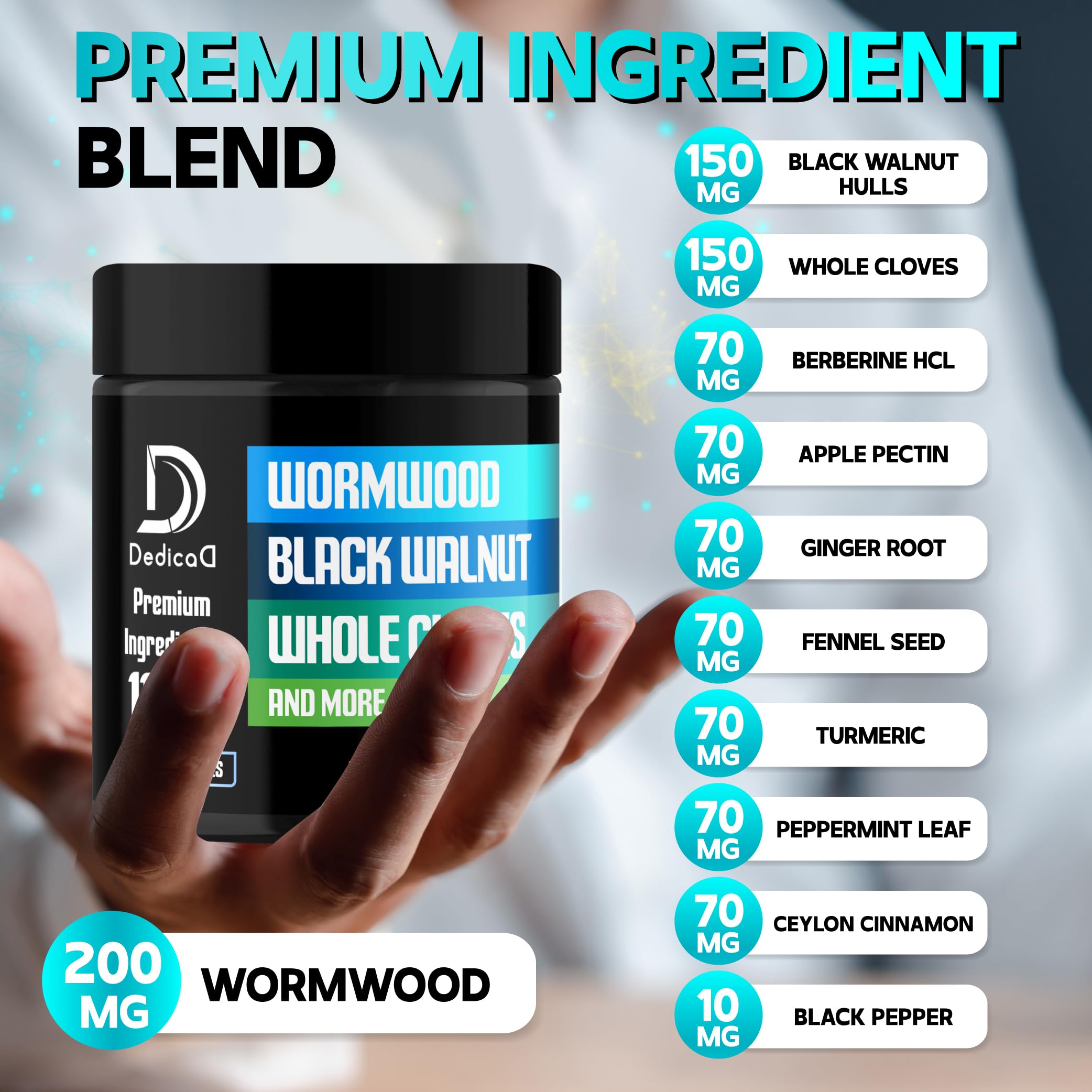 Graphic showing the 11-ingredient herbal blend in DedicaD 11in1 Wormwood Capsules