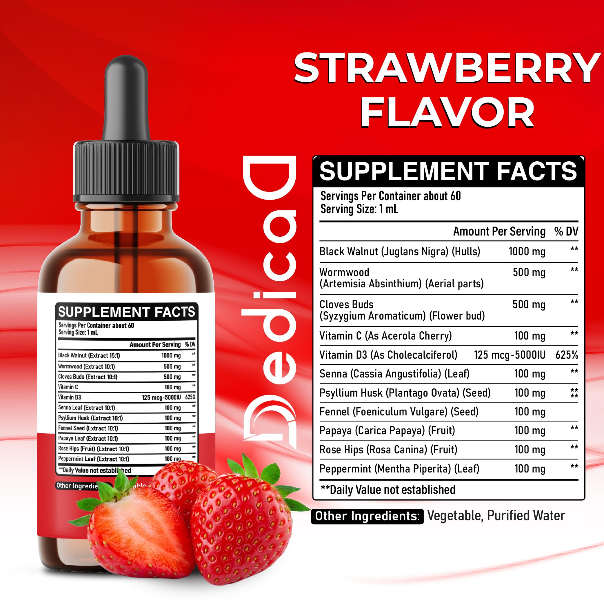 Close-up of DEDICAD 11in1 liquid drops bottle showing strawberry flavor