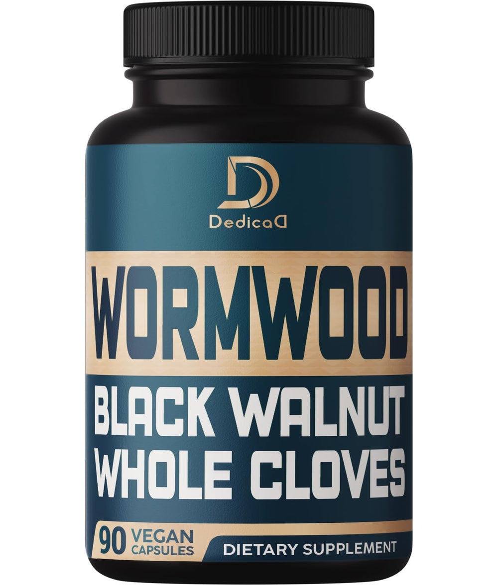 DEDICAD 12in1 Wormwood capsules bottle with 90 vegan capsules for a 3 month supply.