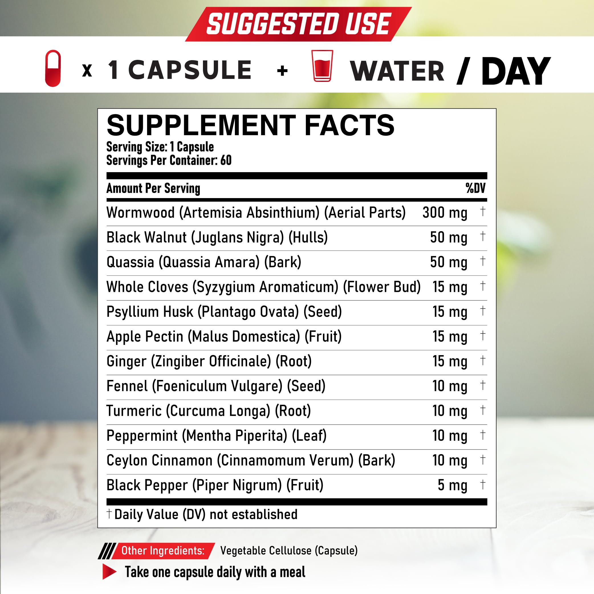 Close-up of DEDICAD 12in1 Wormwood Capsules bottle label
