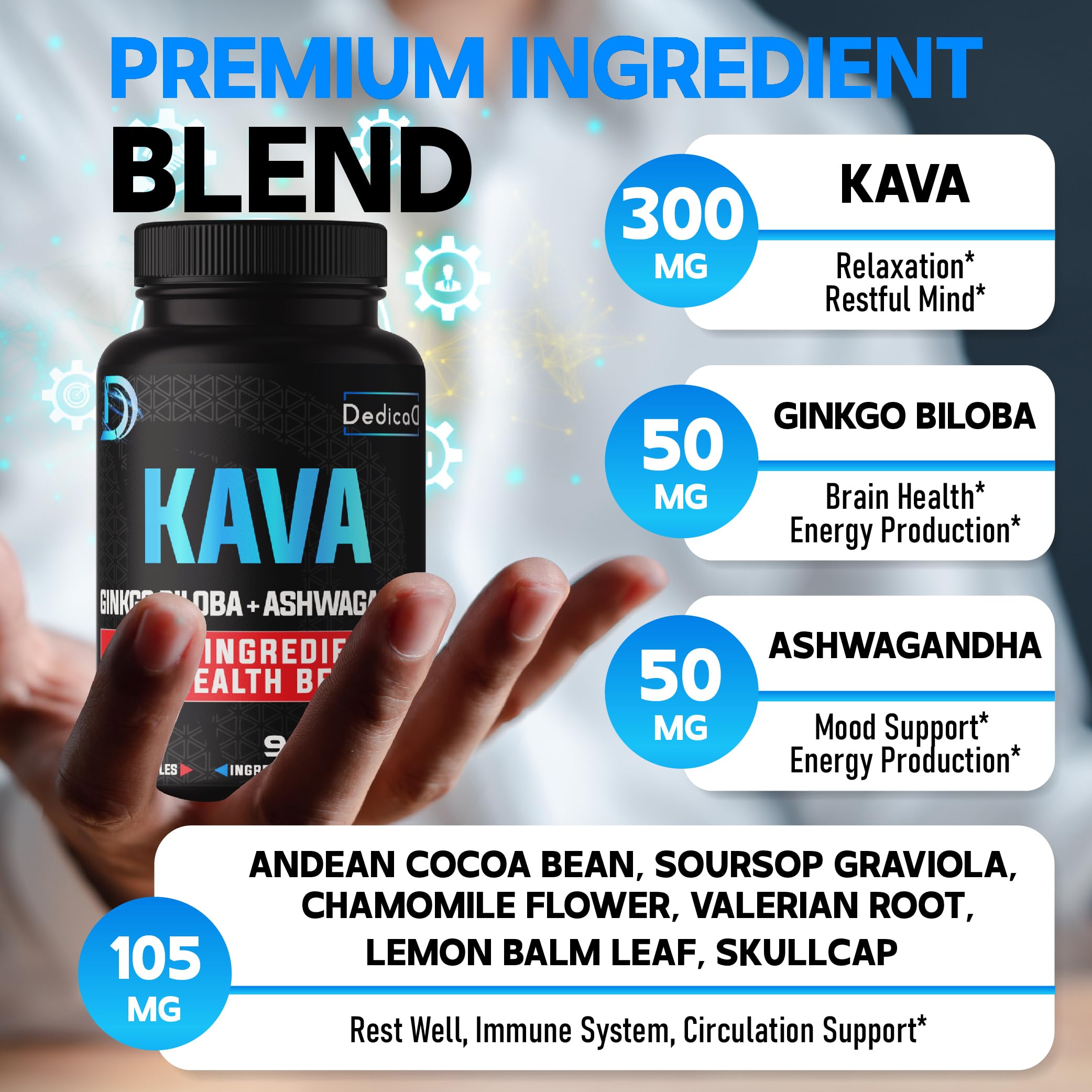 Close-up of Kava Kava capsules highlighting the 15 to 1 extract