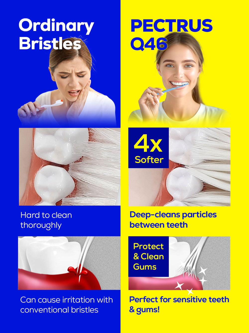Toothbrush head showing deep cleaning between teeth and along gum line
