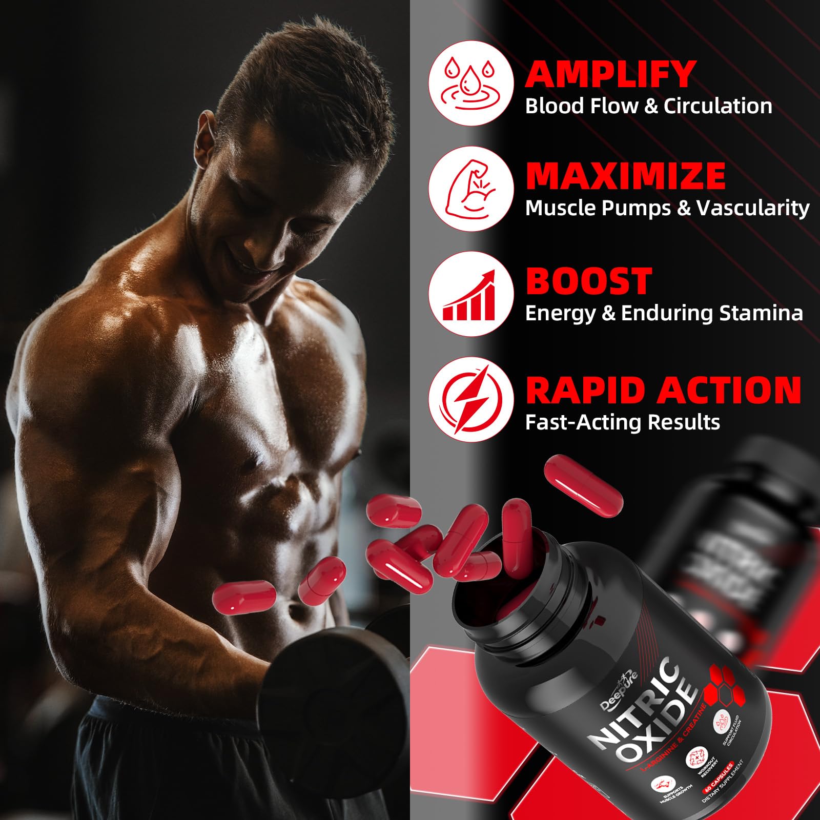 Deepure Nitric Oxide Booster workout energy image suggests sustained focus and effort