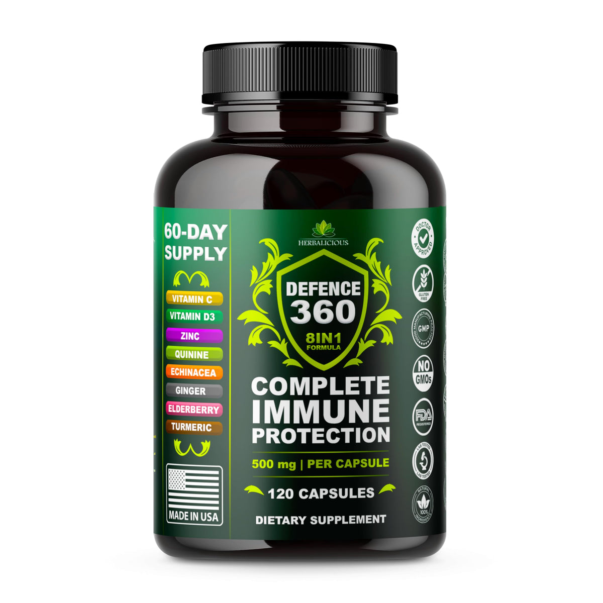 Front label of Defence360 Immune Support 8-in-1 bottle