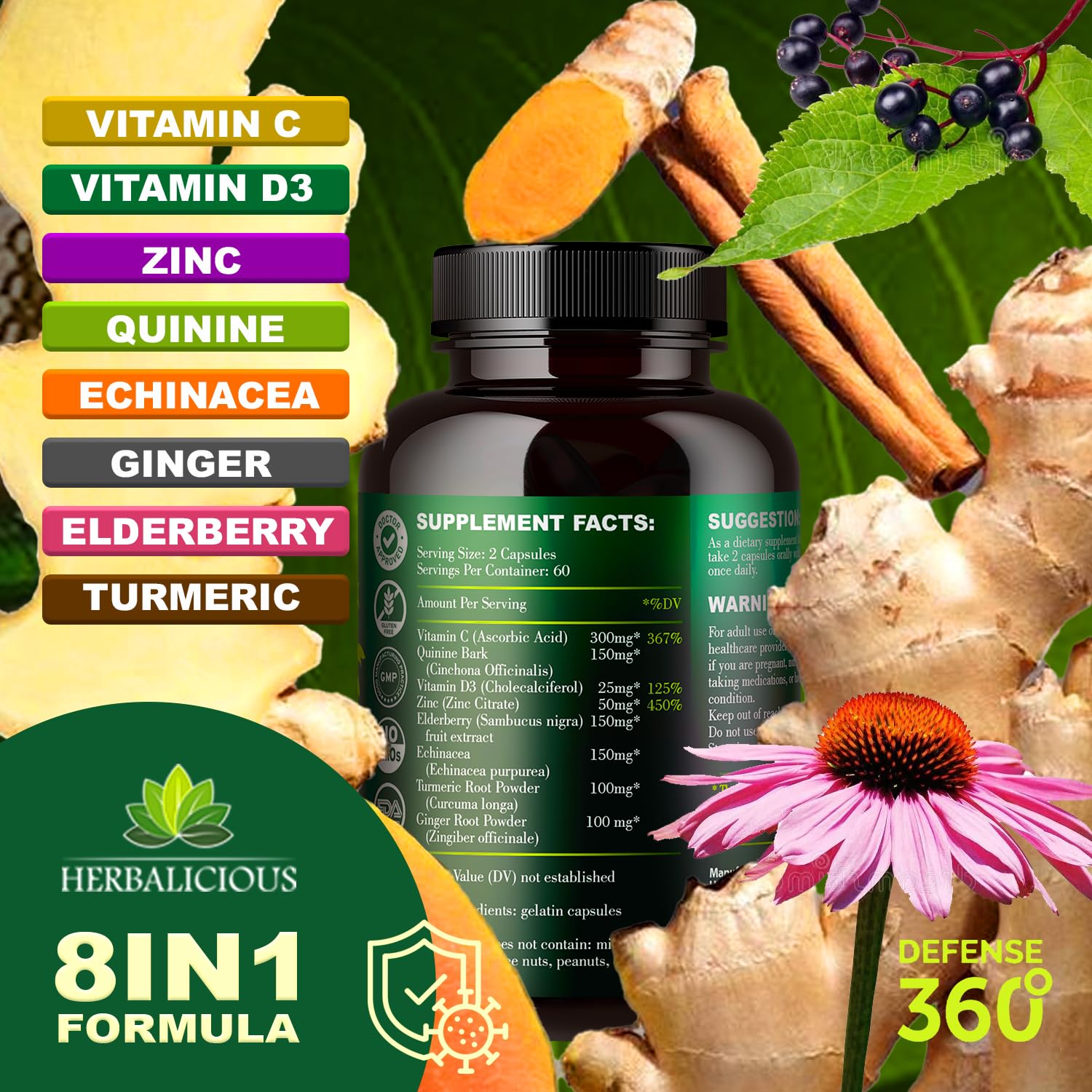 Defence360 ingredients: Vitamin C, Vitamin D3, zinc, elderberry