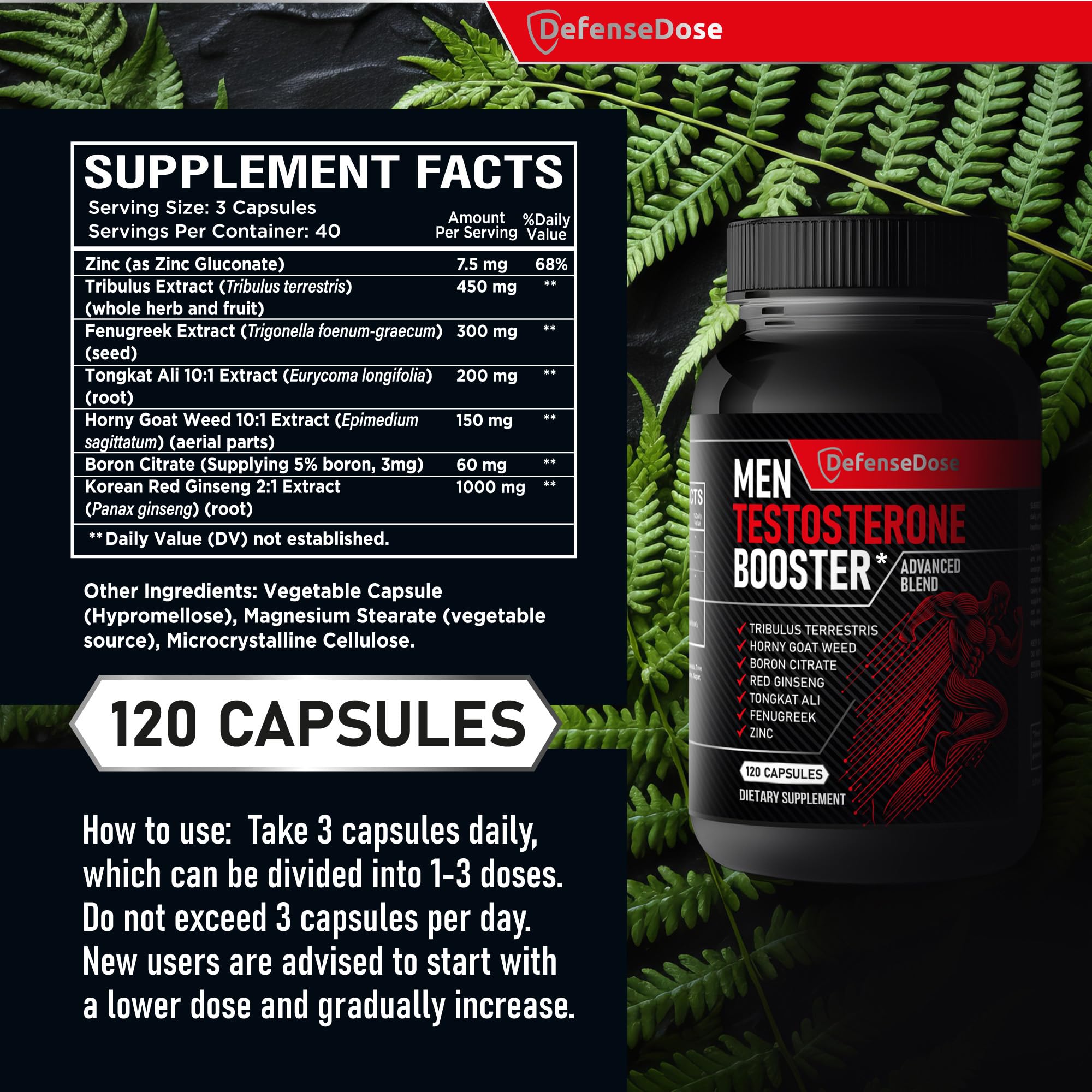 Defense Dose ingredients bottle scatter highlights Tribulus, Tongkat Ali, and Red Ginseng endurance.