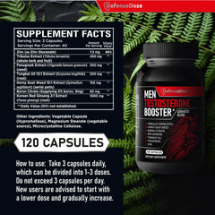 Defense Dose ingredients bottle scatter highlights Tribulus, Tongkat Ali, and Red Ginseng endurance.