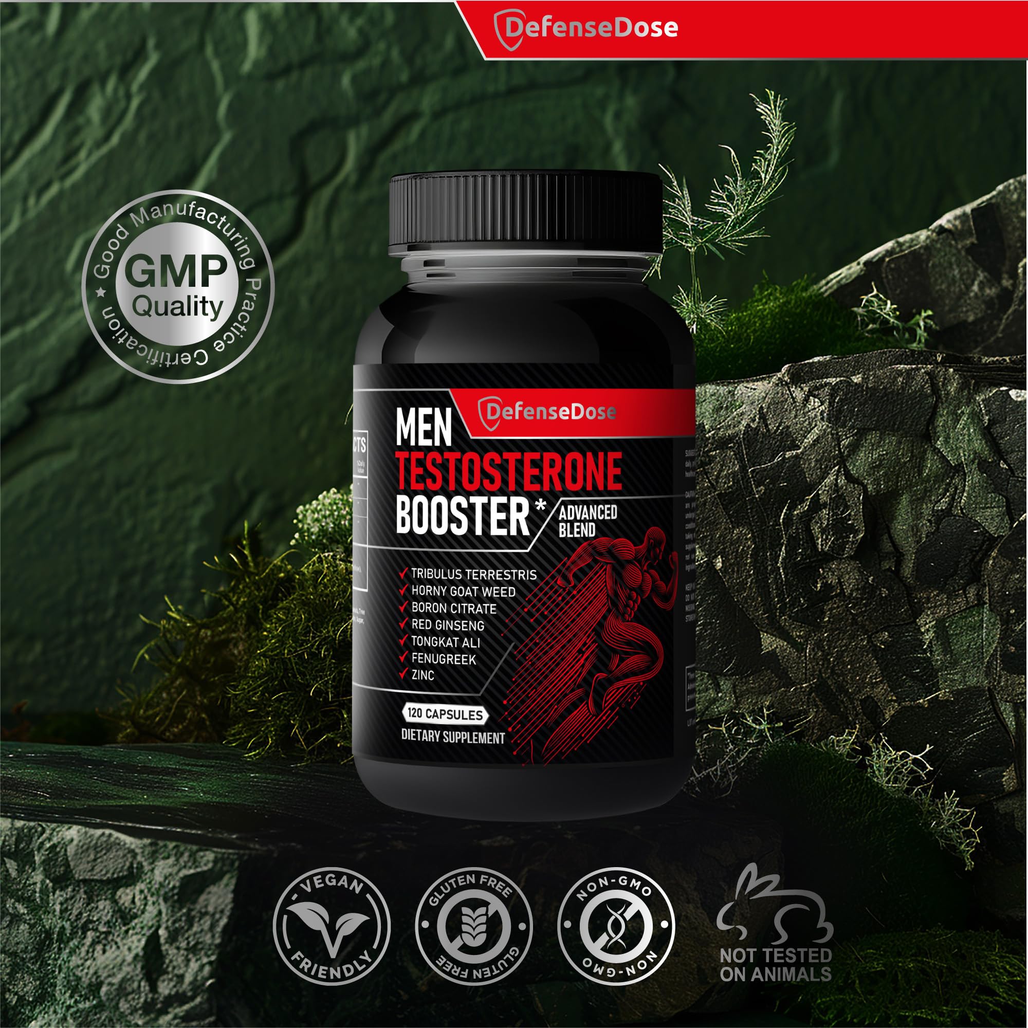 Defense Dose vegan gluten-free badge emphasizes a clean, plant-friendly supplement.