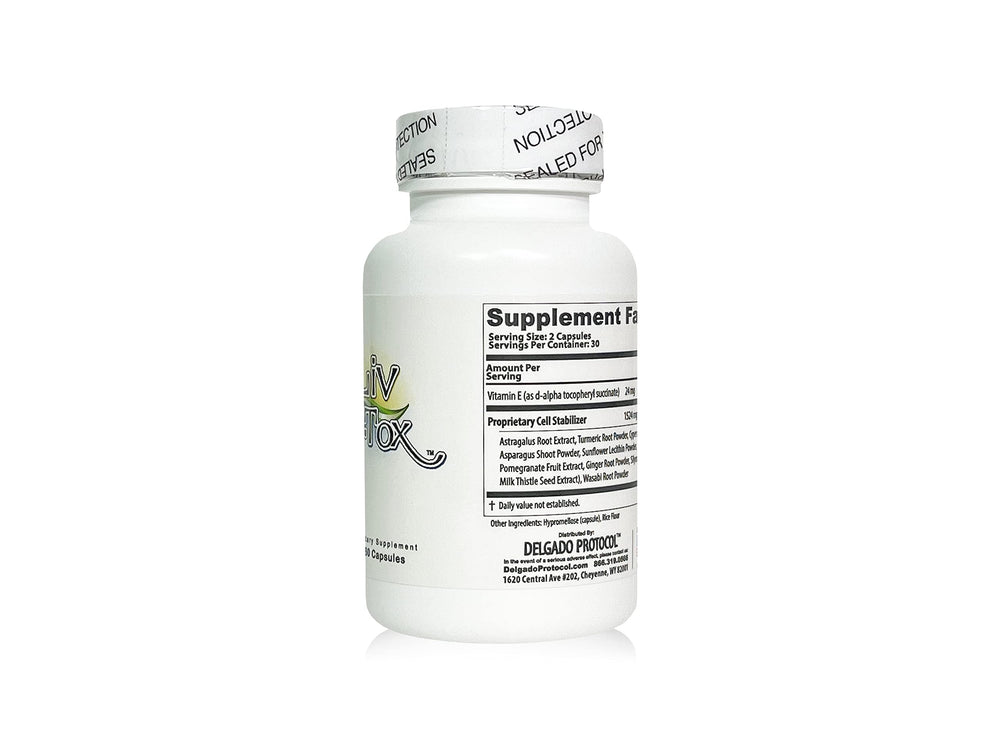 The Delgado Protocol for Health Liv D-Tox capsule close-up shows vegetable capsules.