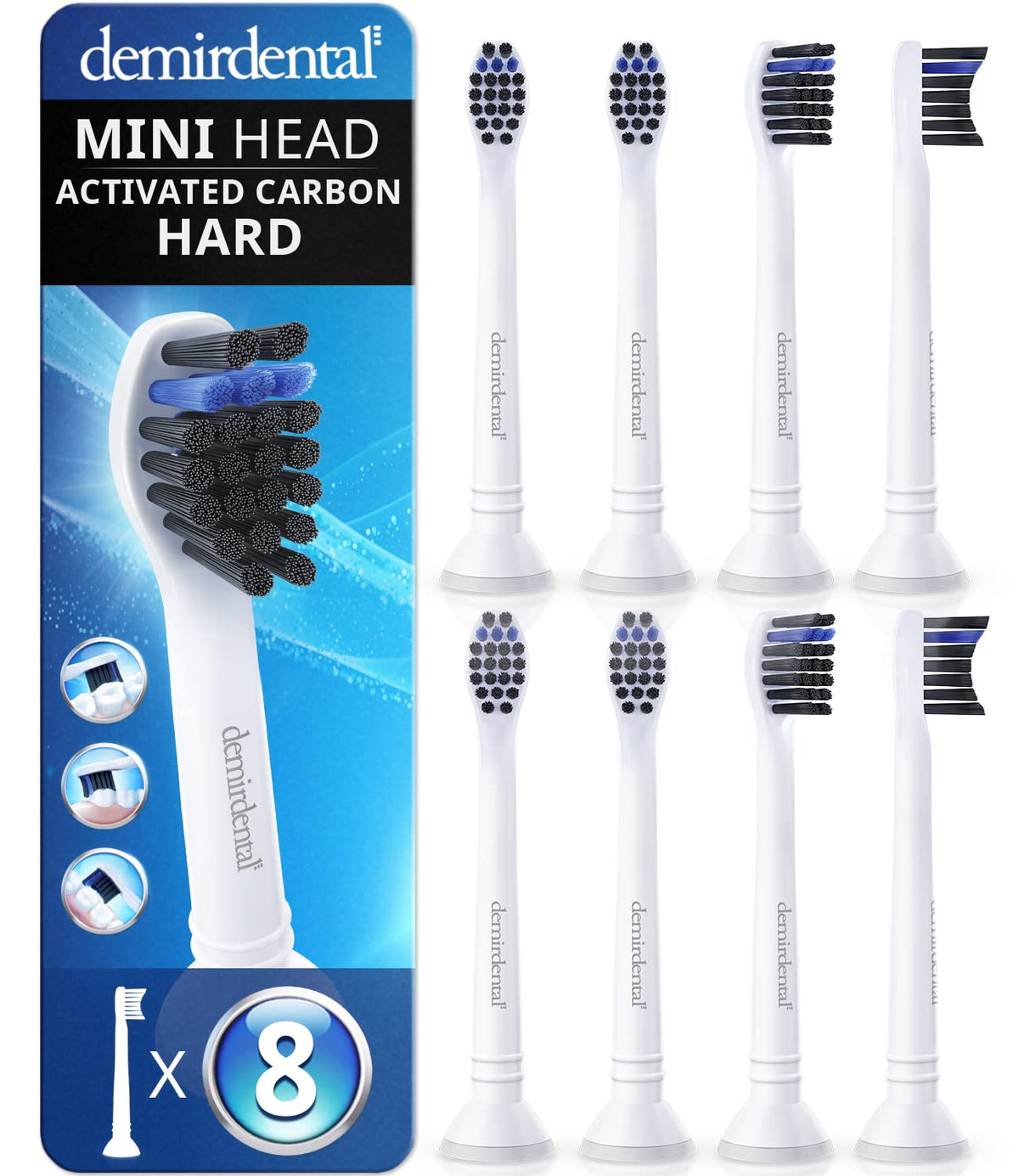 demirdental Active Charcoal Mini Hard Toothbrush Heads for Philips Sonicare HX4088-8, White