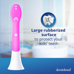Soft bristles and rubberized head detail on magenta toothbrush head