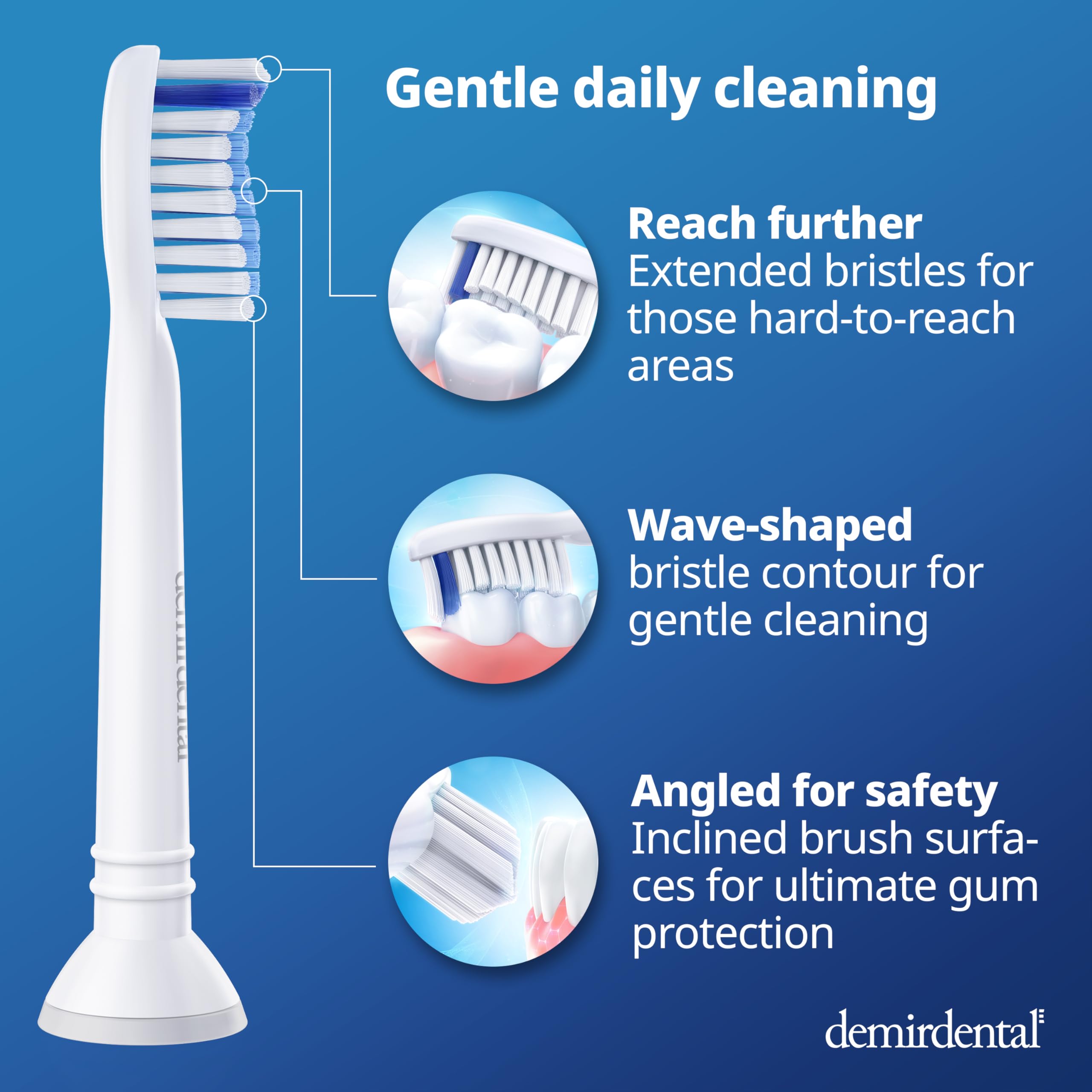 Outside profile flattened to protect gums on Demirdental toothbrush head