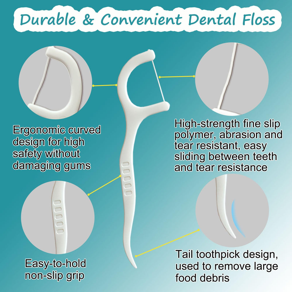 Demyia floss picks with nylon floss and durable polyethylene components