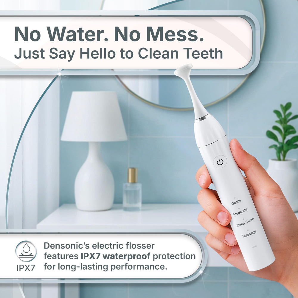 Close-up of DENSONIC flosser nozzle tip in Glacier White