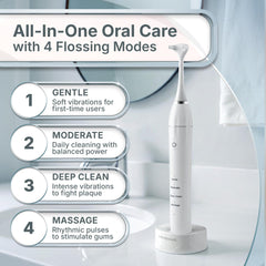 Flosser handle showing 4 adjustable intensity settings