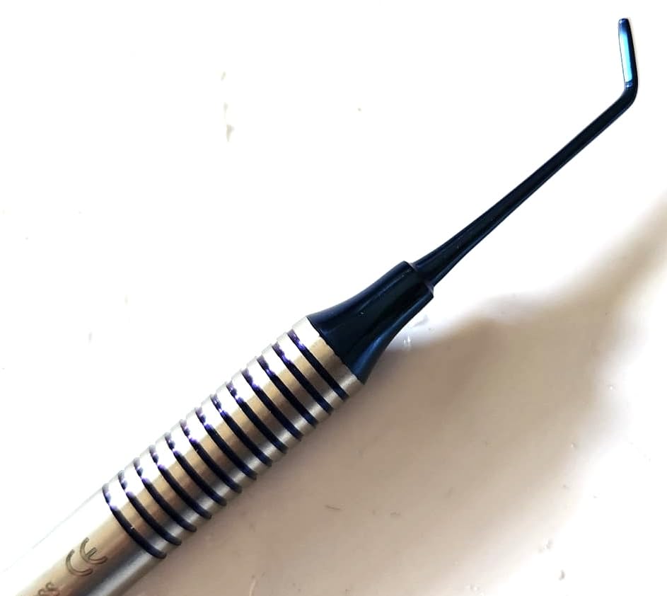 Dental Amalgam filling instrument: double-ended composite shaper with hollow titanium coated blue handle (side view)