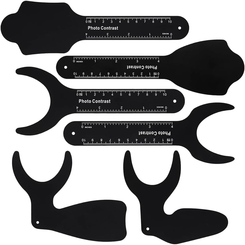 Six-piece dental photography contrast board set with black background and scale for intraoral imaging