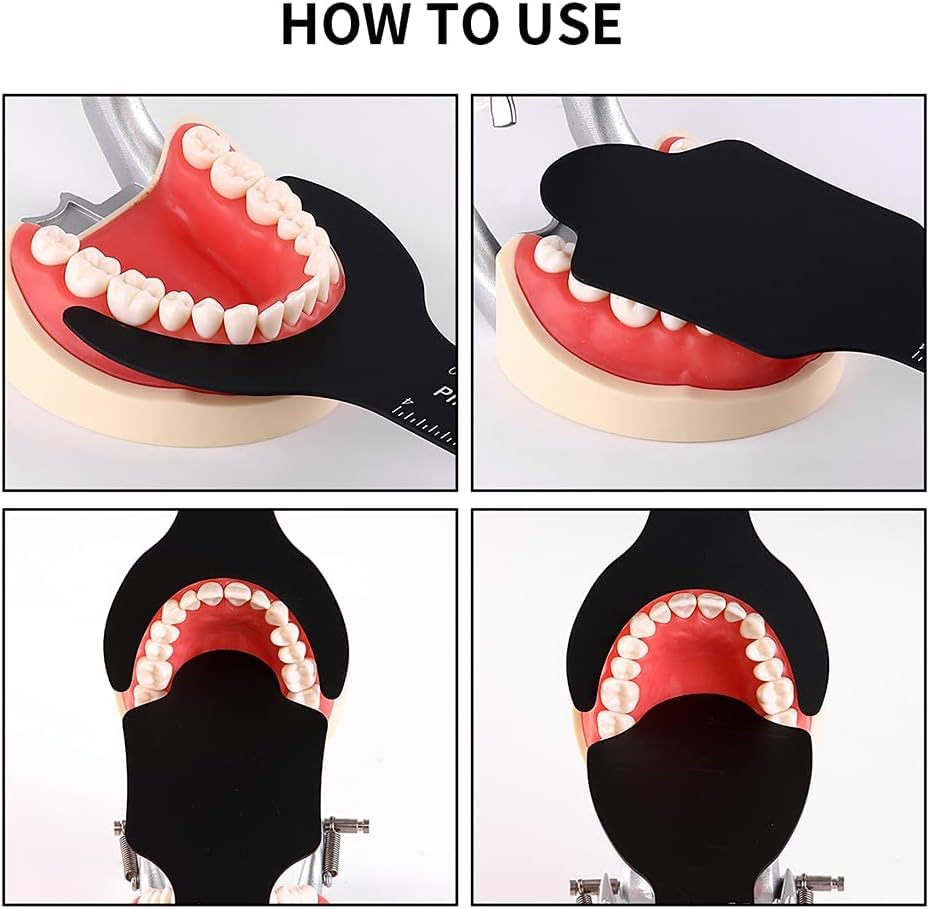 Seven-image display featuring all pieces of the dental photography contrast board set