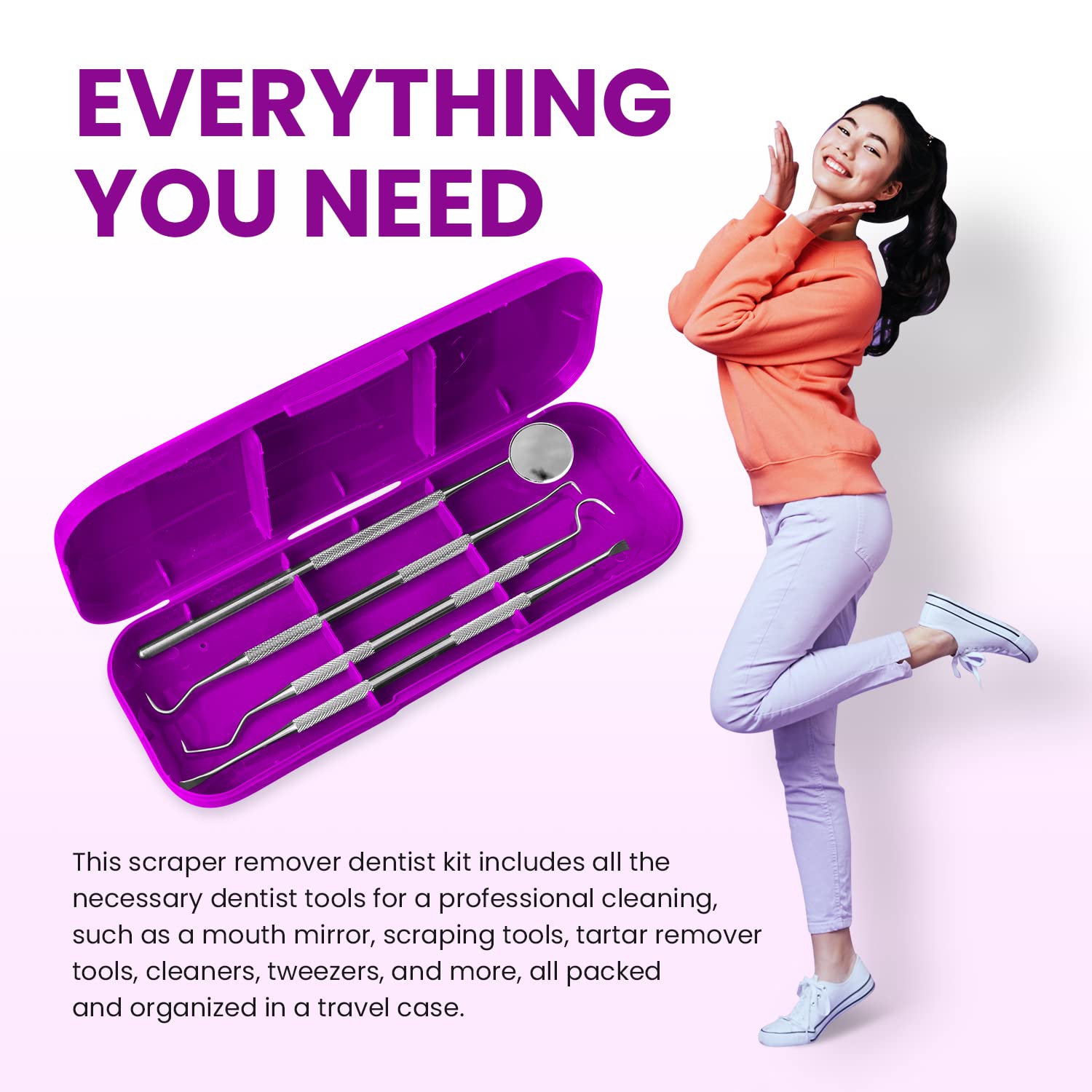 Close-up of a bright smile with Purple Dental Duty tools