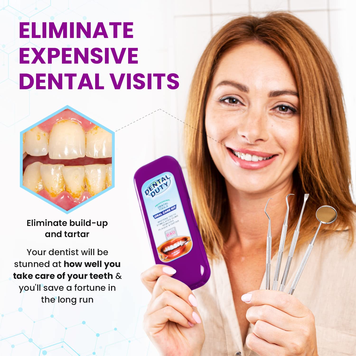 Purple dental mirror from Dental Duty teeth cleaning kit