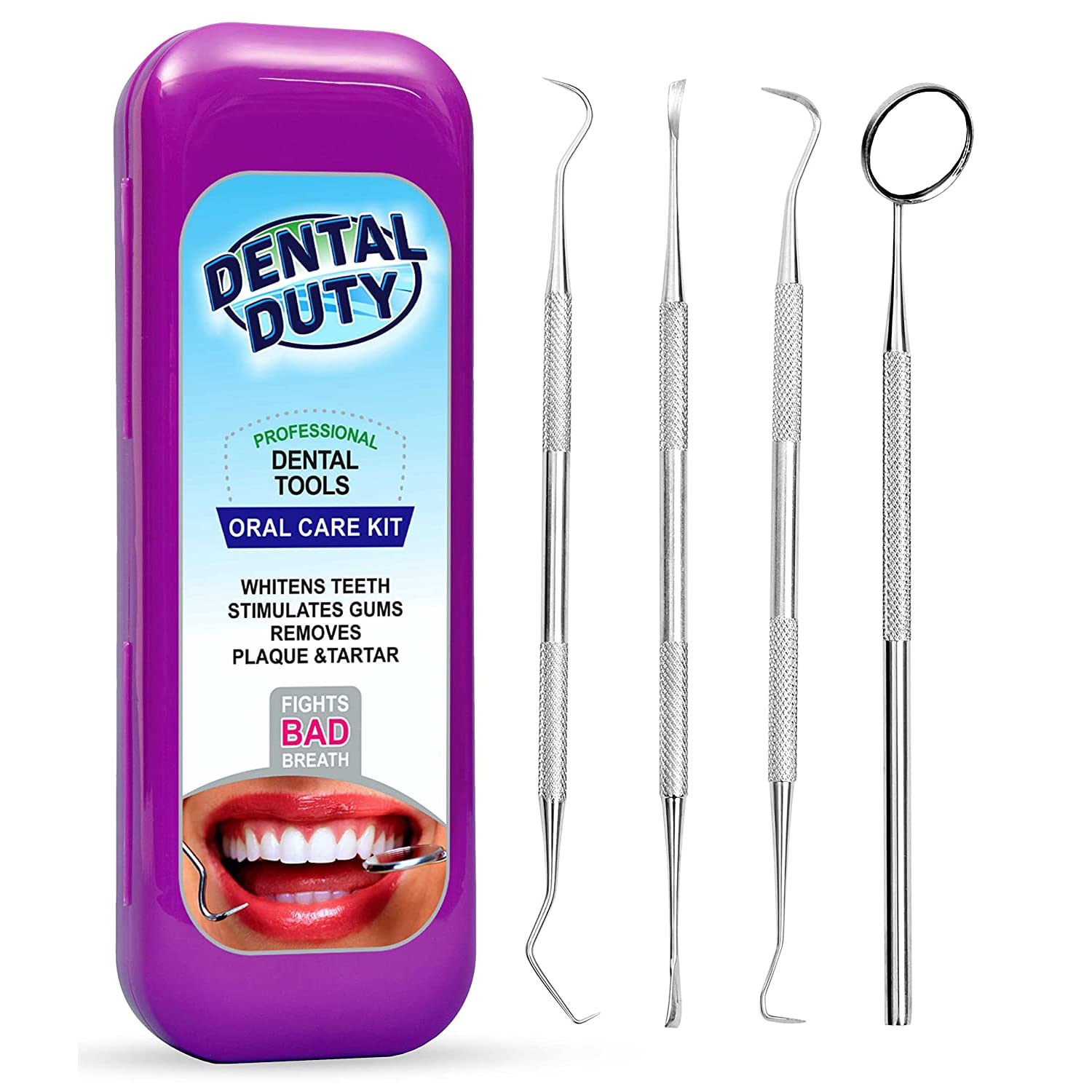 Purple Dental Duty teeth cleaning kit with mirror, scaler, scraper and pick