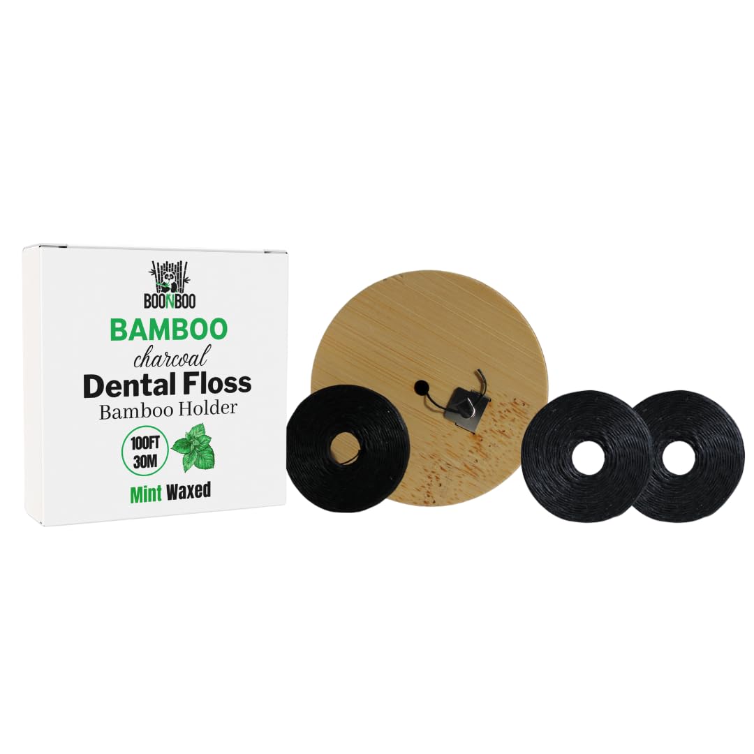Refillable bamboo dental floss holder with 2-pack refill
