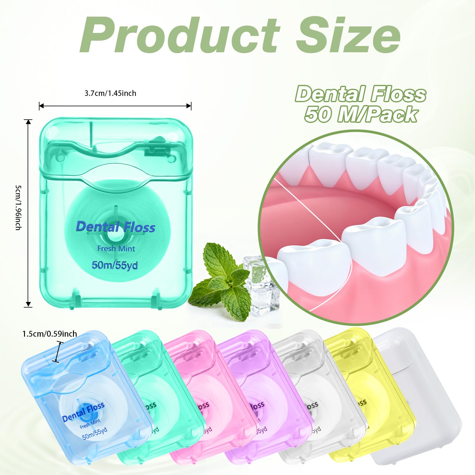 Close-up of a mint-flavored floss spool inside a compact box