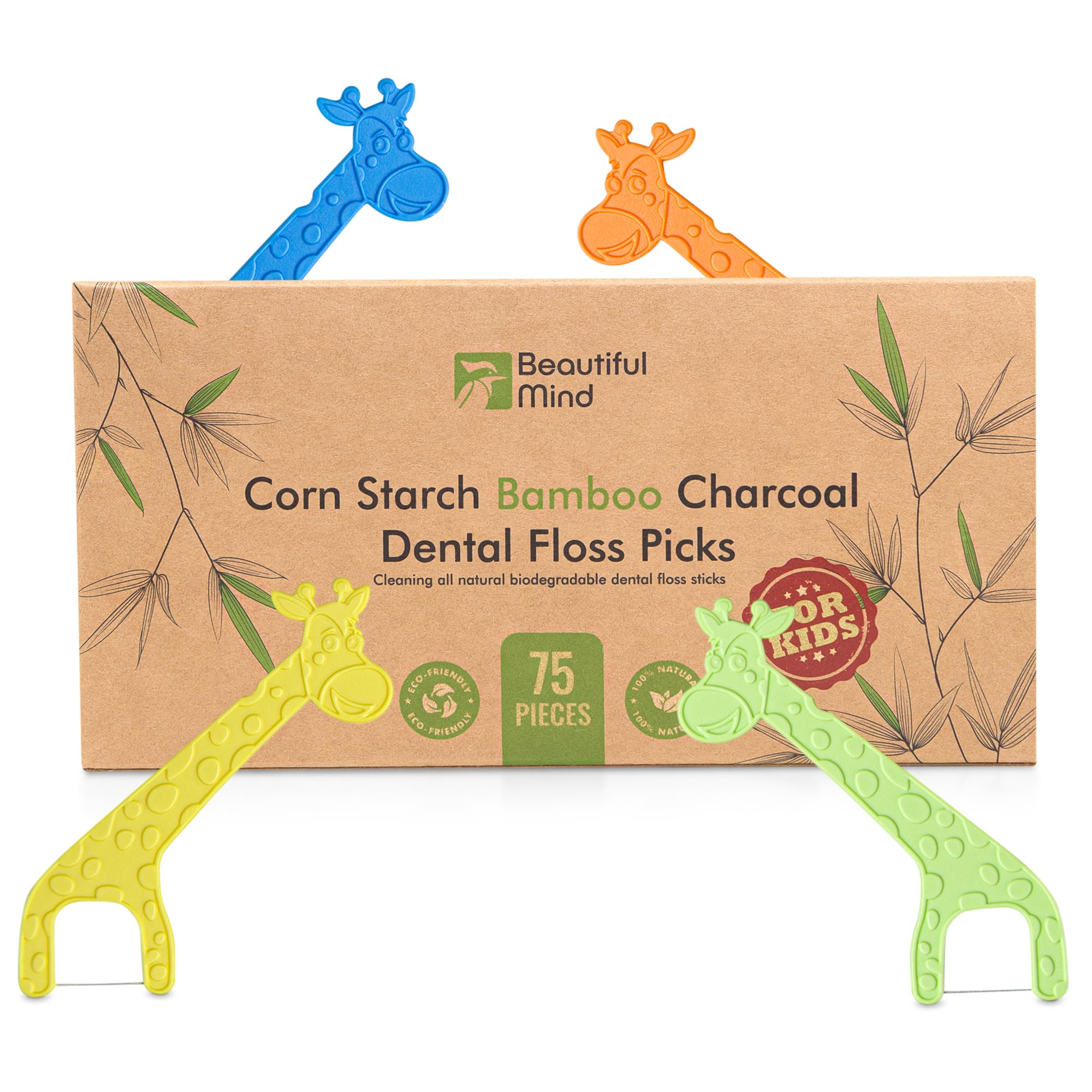 75-pack Kids Dental Floss Picks product box in moisture-resistant kraft packaging