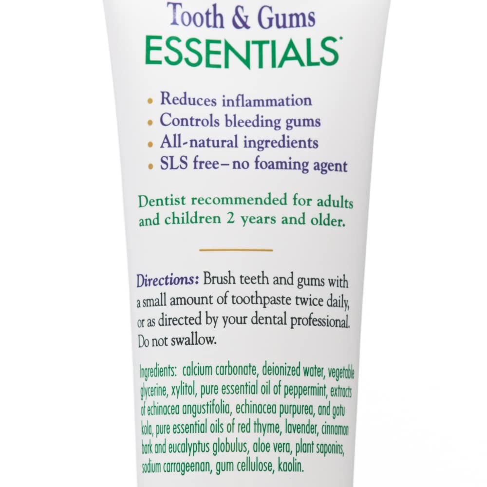 Back label detailing ingredients on Essentials Toothpaste 4 oz box