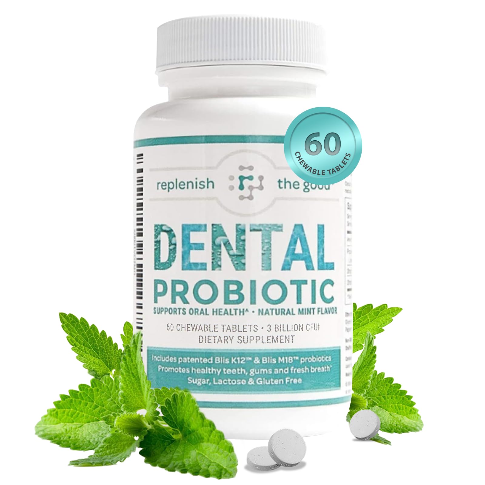 Front view of Dental Oral Probiotic bottle and packaging