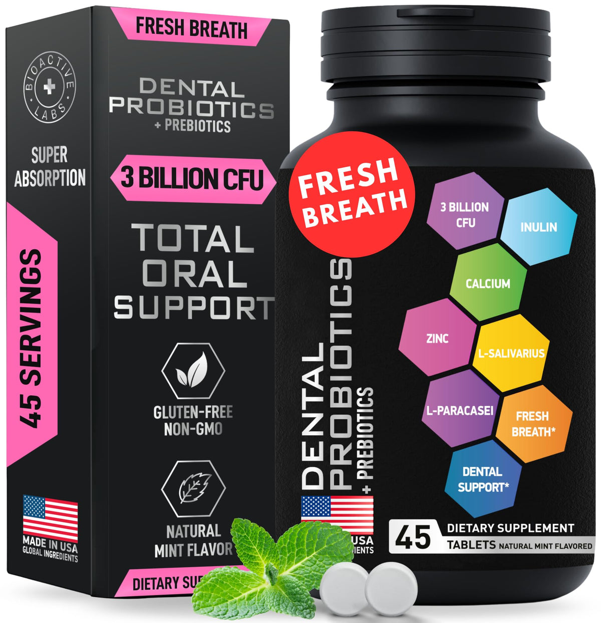 Dental Probiotics bottle with 45 chewable tablets for teeth and gums