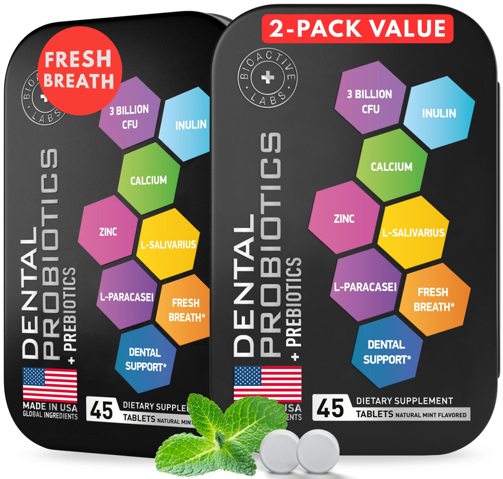 Dental Probiotics bottle beside a travel tin on a mint background