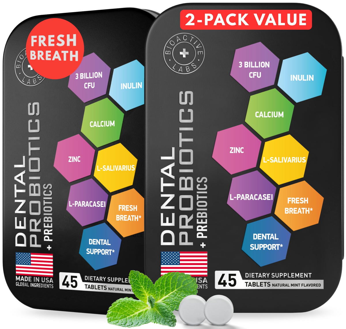 Dental Probiotics bottle beside a travel tin on a mint background