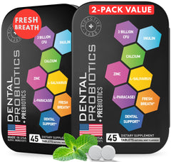 Dental Probiotics bottle beside a travel tin on a mint background