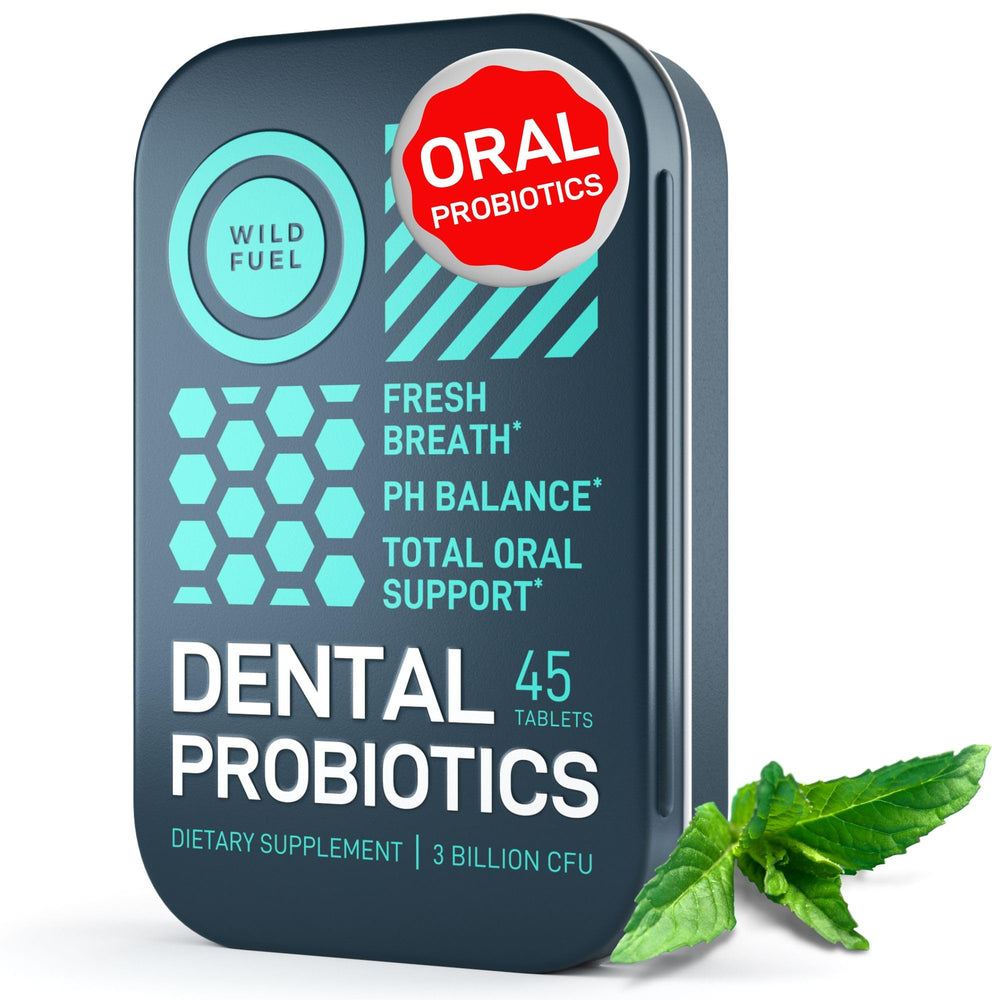 Travel tin of dental probiotics tablets