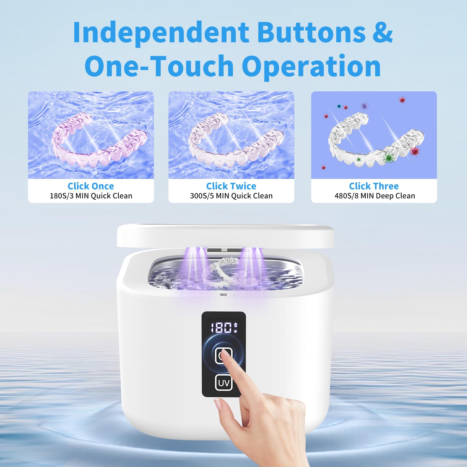 6 cleaning modes options for ultrasonic and UV cycles