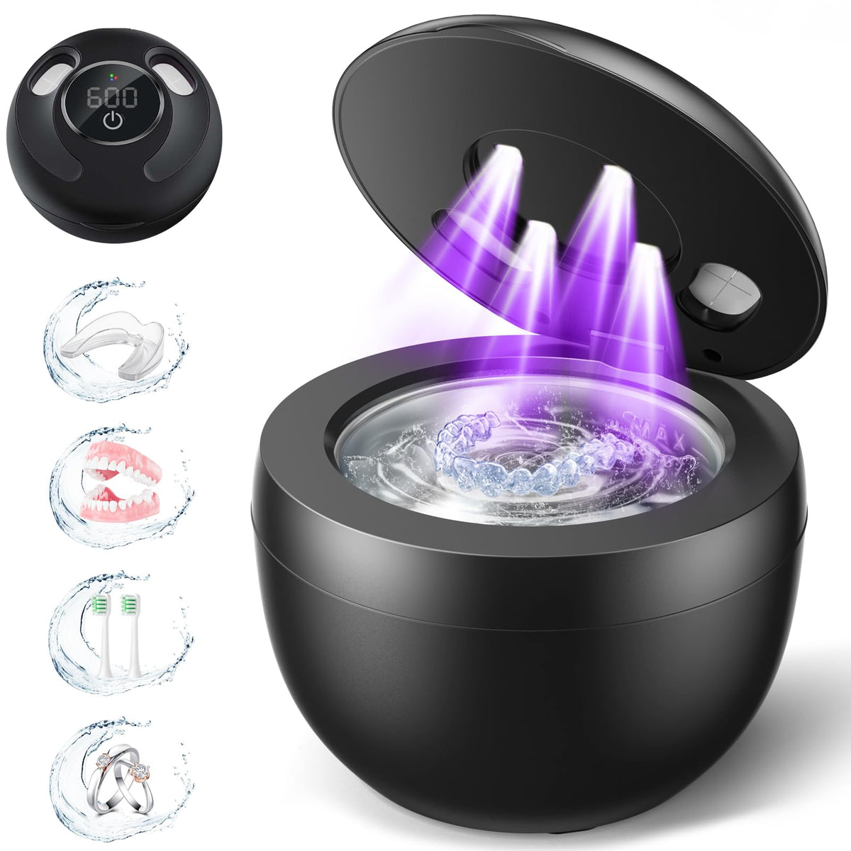 Front view of black dental ultrasonic retainer cleaner