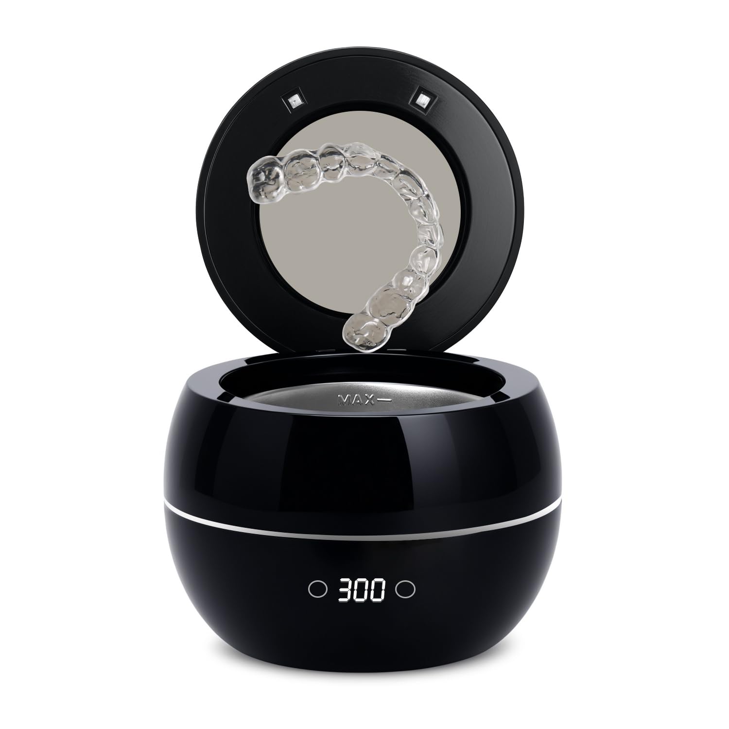 Front view of the black dental ultrasonic retainer cleaner