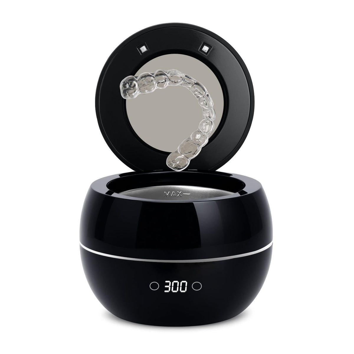 Front view of the black dental ultrasonic retainer cleaner