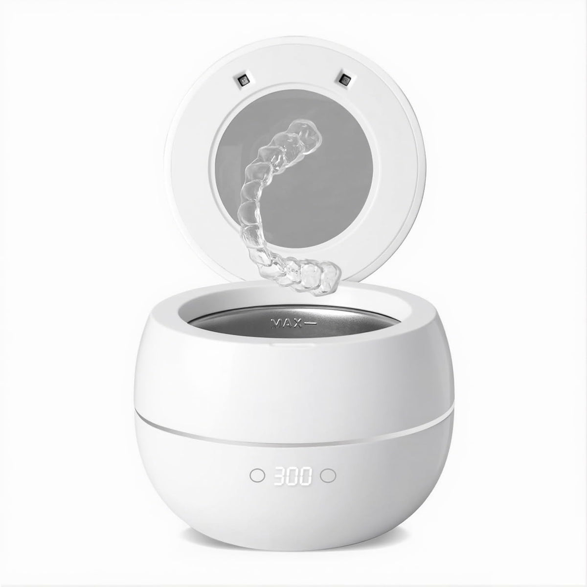 Front view of the white Dental Ultrasonic Retainer Cleaner showing 250ml capacity