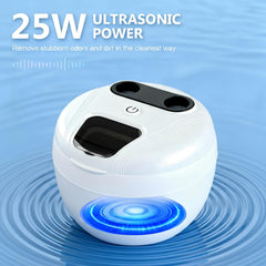 Side angle of compact ultrasonic cleaner with power port visible