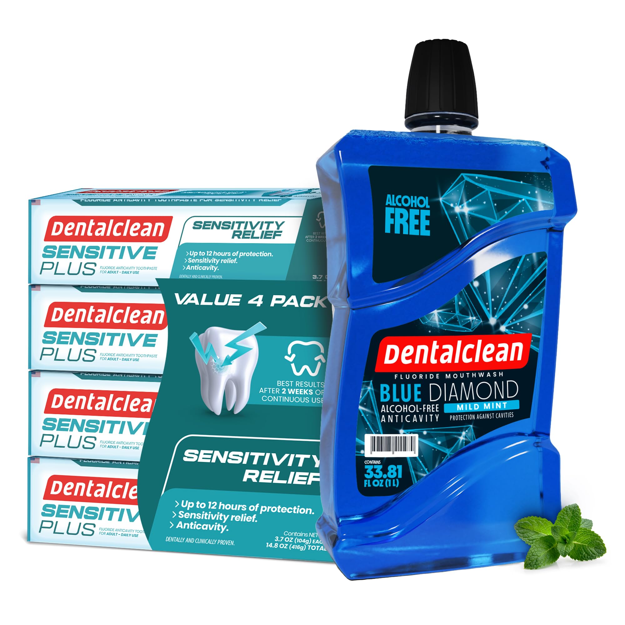 Dentalclean alcohol-free mouthwash Blue Diamond Mint bottle, 33.8 fl oz