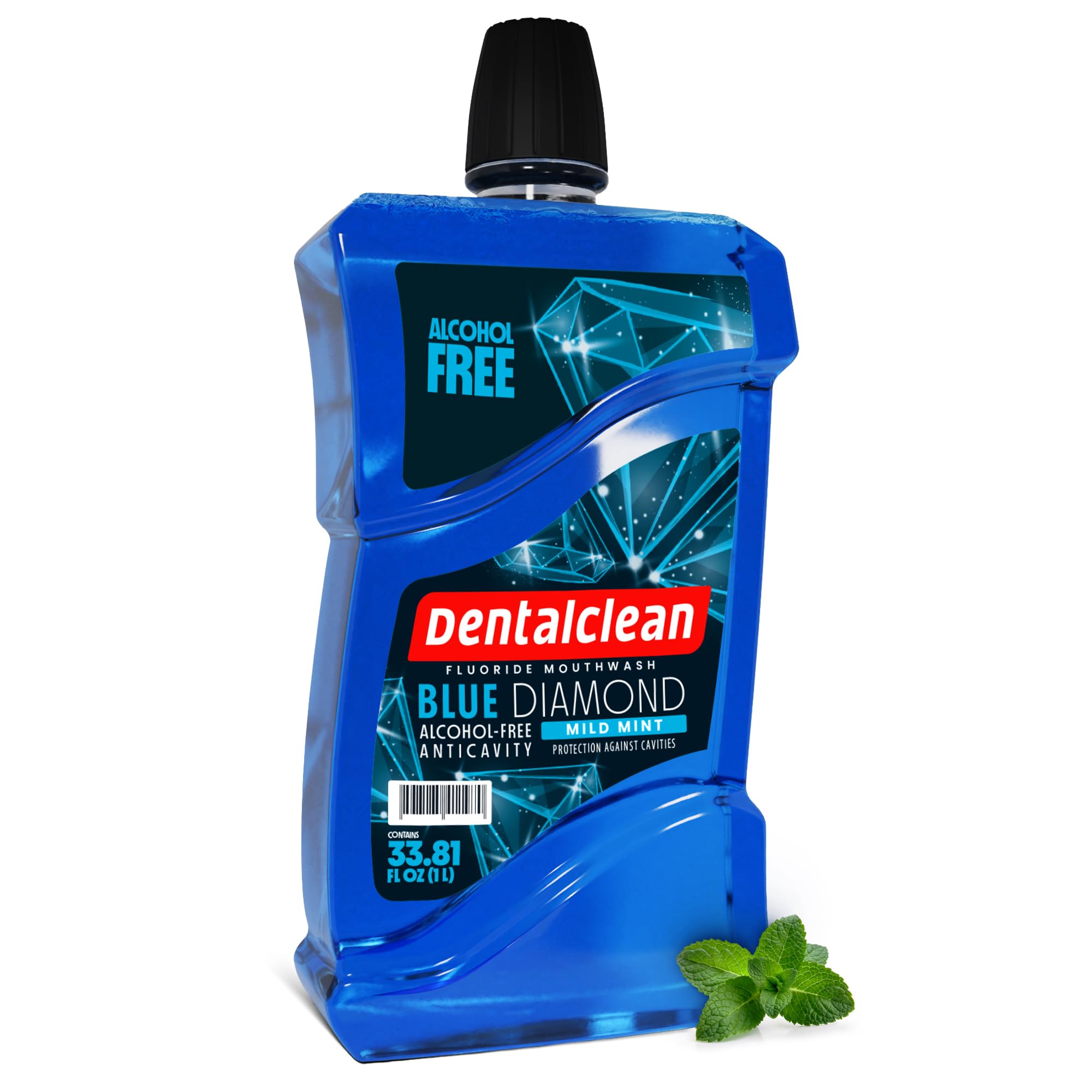 Close-up of Dentalclean Blue Diamond Mint mouthwash bottle