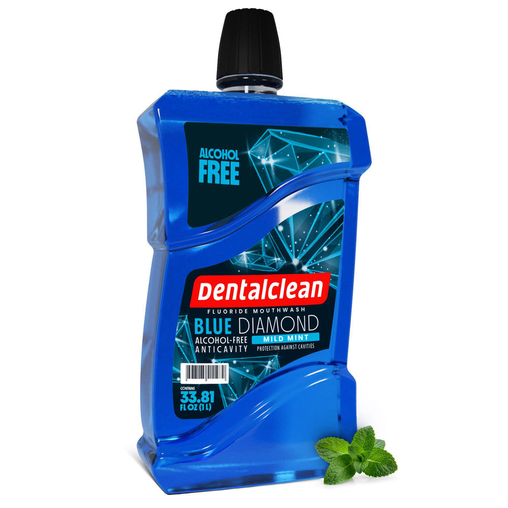 Close-up of Dentalclean Blue Diamond Mint mouthwash bottle