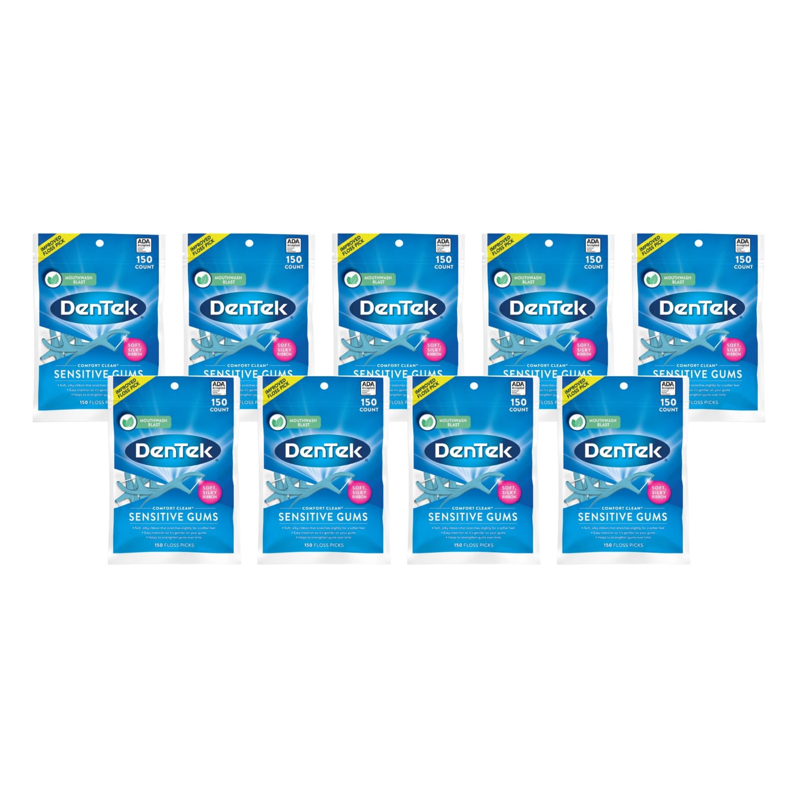 DenTek Comfort Clean Floss Picks Fresh Mint product hero image with 9 packs of 150
