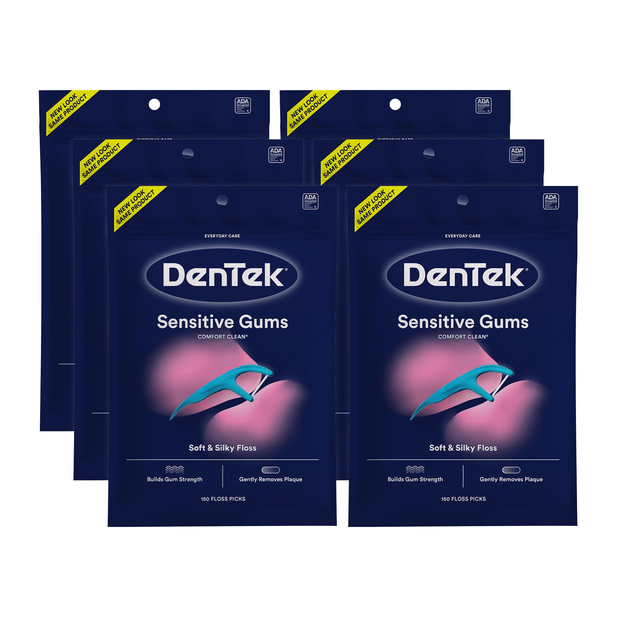 Front view of DenTek Comfort Clean Sensitive Gums Floss Picks blue six-pack with 150-count each
