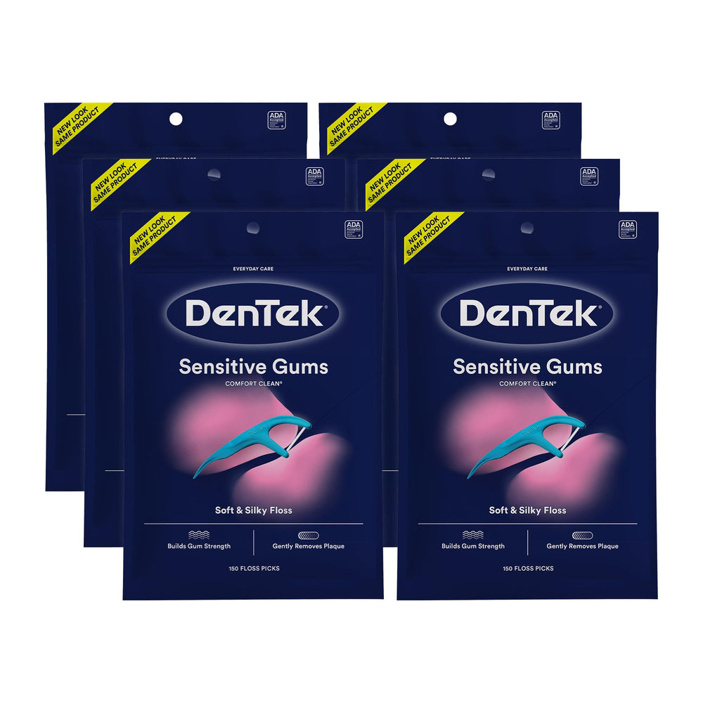 Front view of DenTek Comfort Clean Sensitive Gums Floss Picks blue six-pack with 150-count each