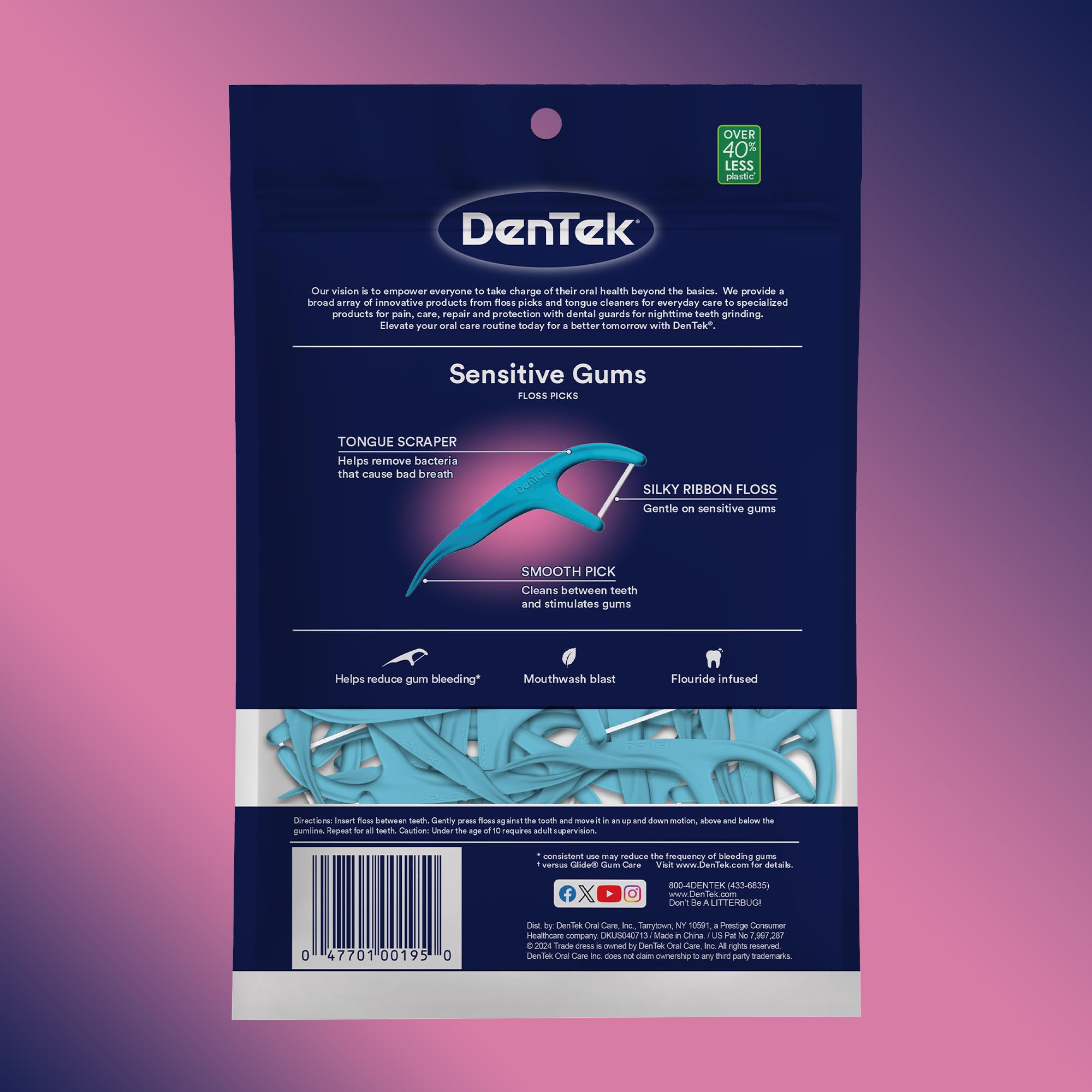 Six-pack packaging of DenTek Comfort Clean Sensitive Gums Floss Picks blue